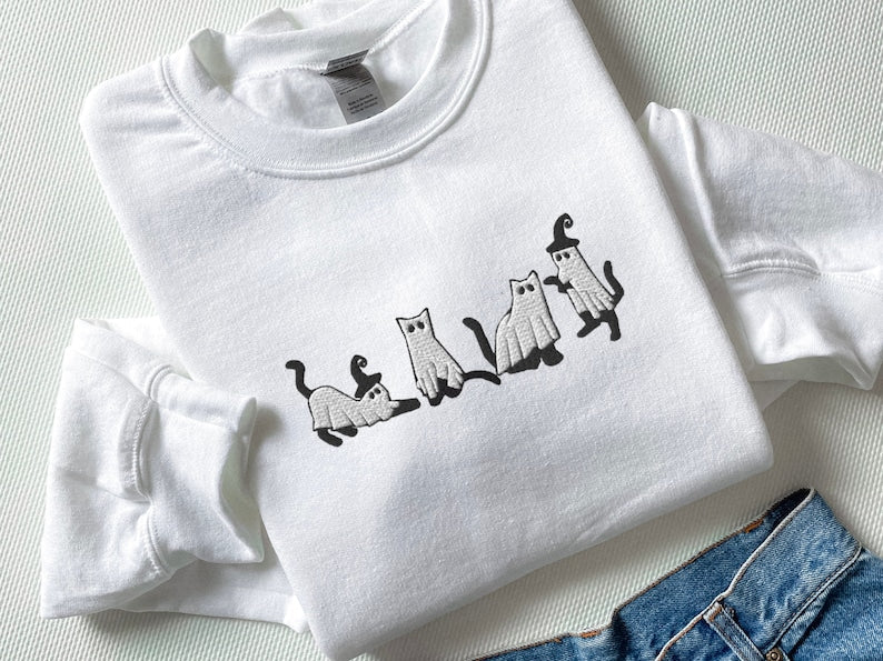 Embroidered Cat Halloween Sweatshirt