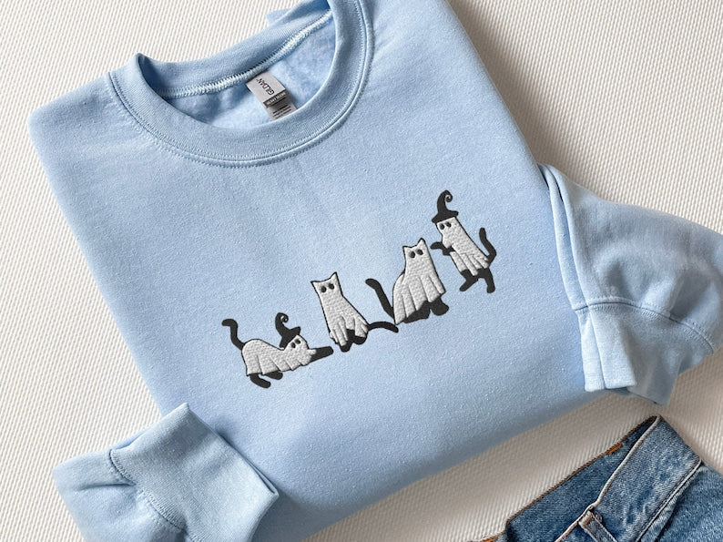 Embroidered Cat Halloween Sweatshirt